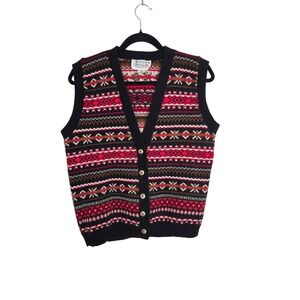 Carly Blake Fair Isle Knit Button Front Sweater Vest Small Petite Black Red